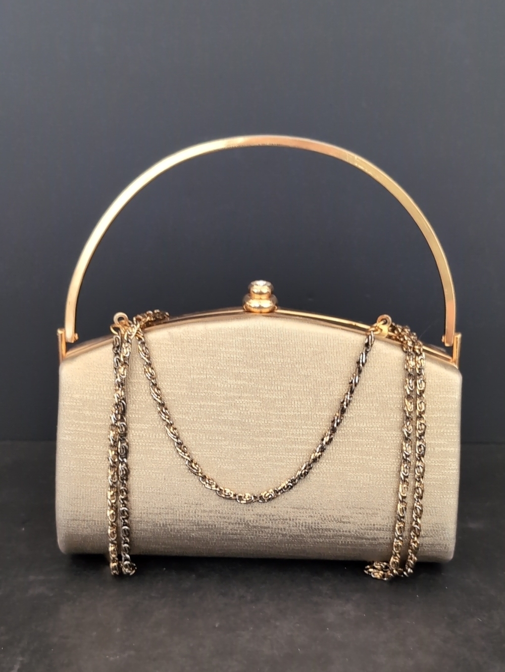VGT,Sasha Metallic Gold Evening Handbag with An arched Handle And Chain Strap.